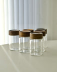 LOT DE 6 POT A EPICES EN VERRE ET BOIS D ACACIA 6.5X10CM