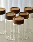 LOT DE 6 POT A EPICES EN VERRE ET BOIS D ACACIA 6.5X15CM