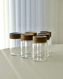 LOT DE 6 POT A EPICES EN VERRE ET BOIS D ACACIA 6.5X10CM