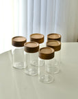 LOT DE 6 POT A EPICES EN VERRE ET BOIS D ACACIA 6.5X12CM