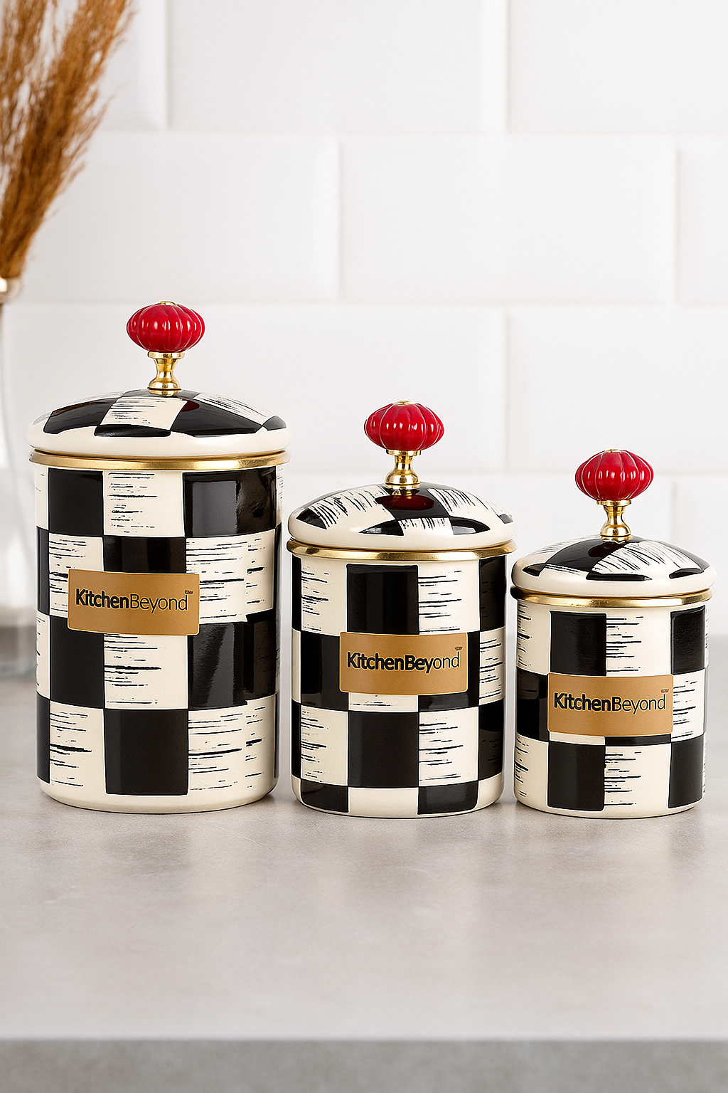ACAR LOT DE 3 POTS DE CONSERVATION EN EMAIL DAMIER - ALINDA HOME 