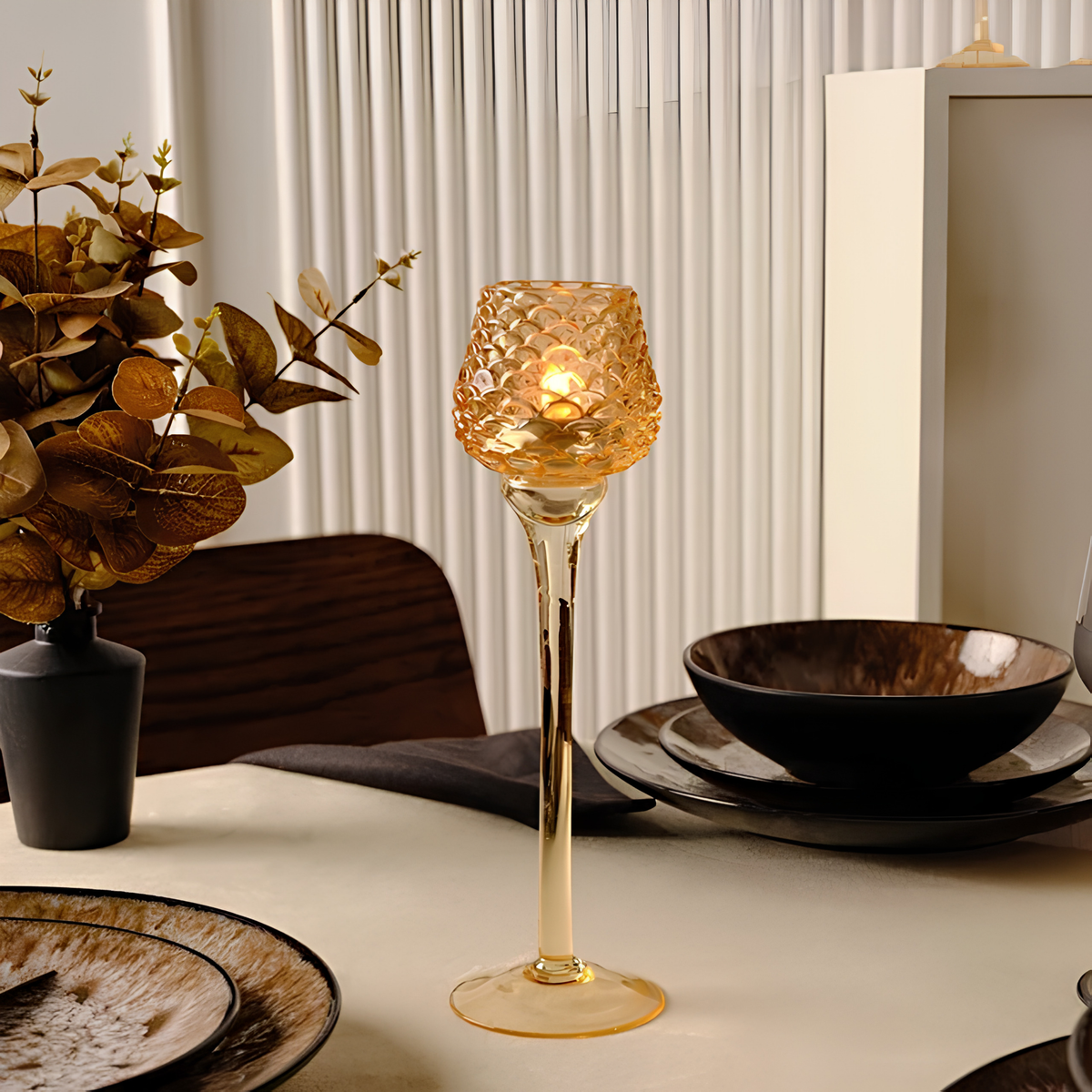 KARACA BOUGEOIR PHOTOPHORE PINECONE POMME DE PIN EN VERRE AMBRE | 26.5CM