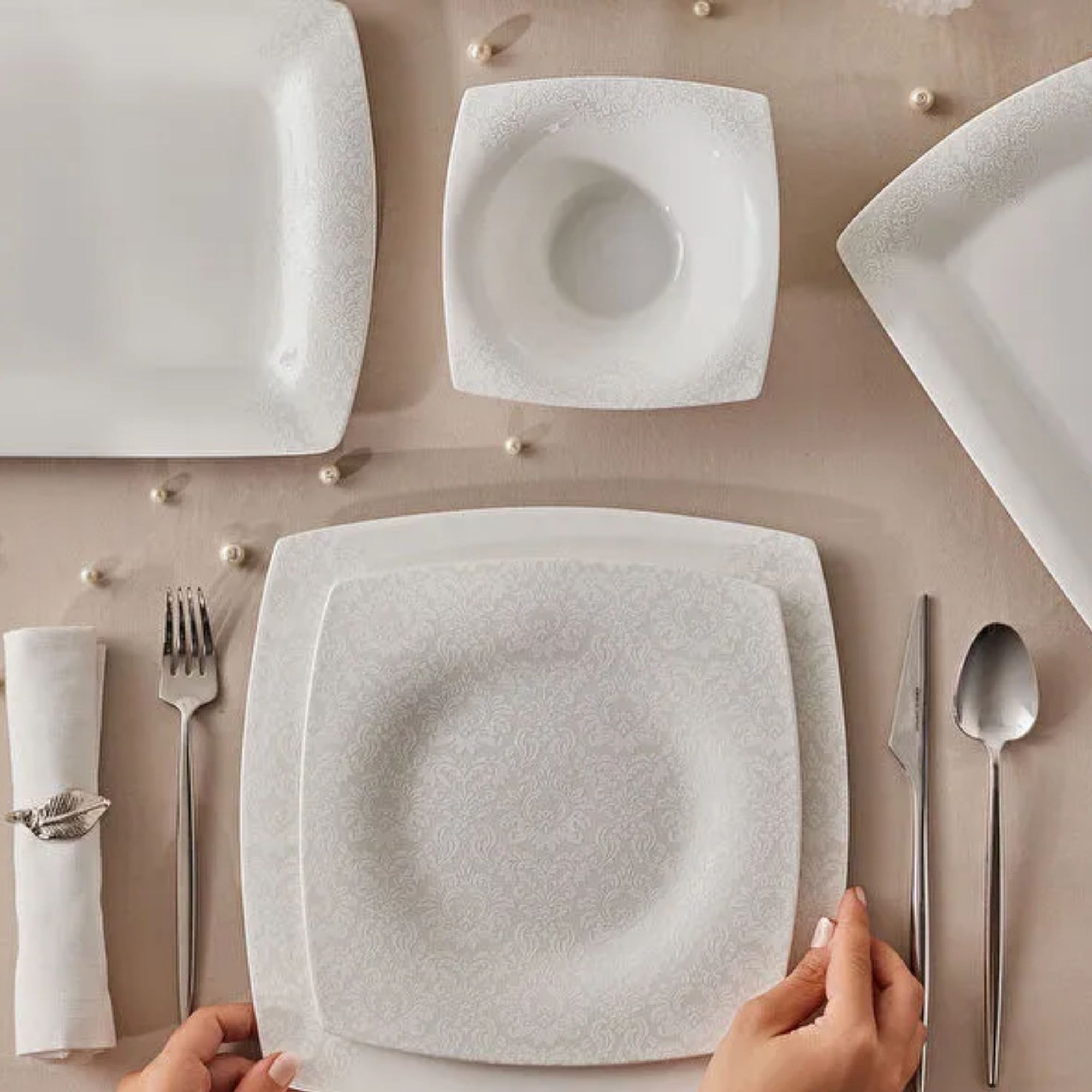 KARACA SERVICE DE TABLE FINE PEARL HELEN | 58 PIECES | 12 PERSONNES