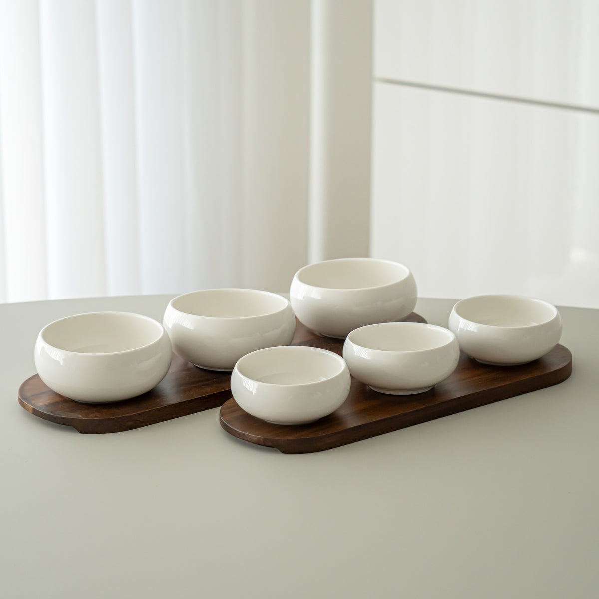 PLATEAU APERITIF PORCELAINE &amp; ACACIA BELICIA LITTLE | 3 BOLS | 1 PLATEAU