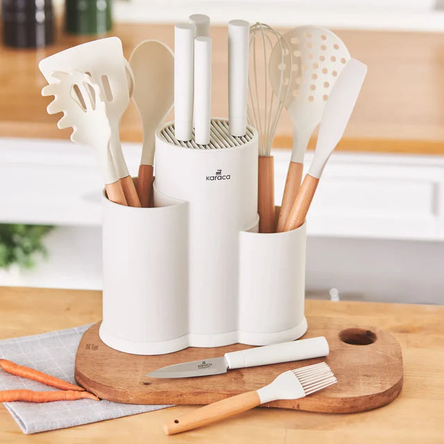 KARACA SET DE COUTEAUX ET USTENSILES AVEC SUPPORT BURBY CREME 14 PIECE - ALINDA HOME