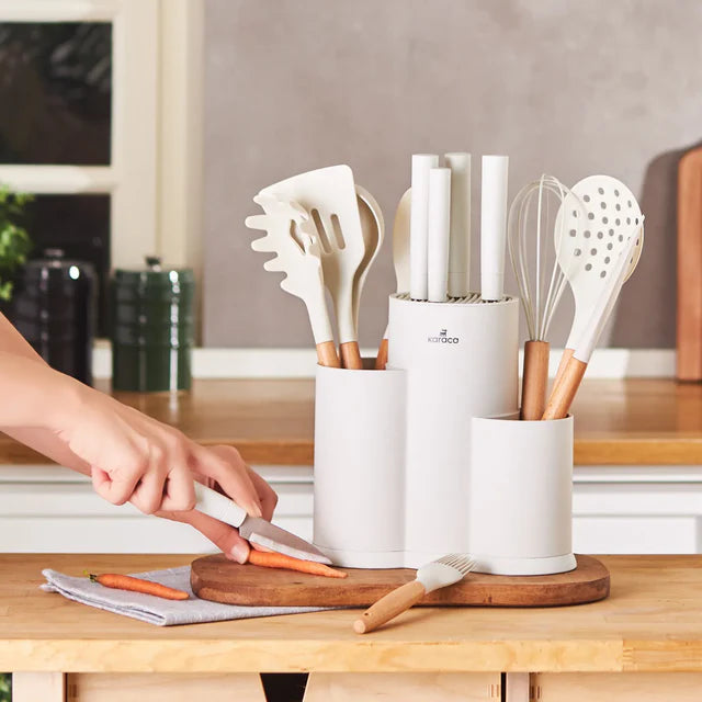KARACA SET DE COUTEAUX ET USTENSILES AVEC SUPPORT BURBY CREME 14 PIECE - ALINDA HOME