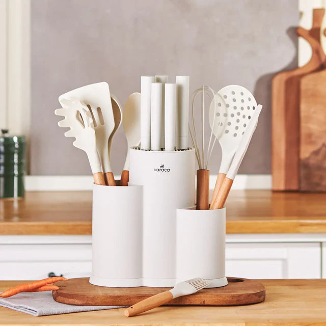 KARACA SET DE COUTEAUX ET USTENSILES AVEC SUPPORT BURBY CREME 14 PIECE - ALINDA HOME