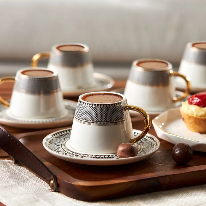 Karaca Afra Service Tasses à Café 6 Personnes - 90ml En Porcelaine Avec Soucoupes