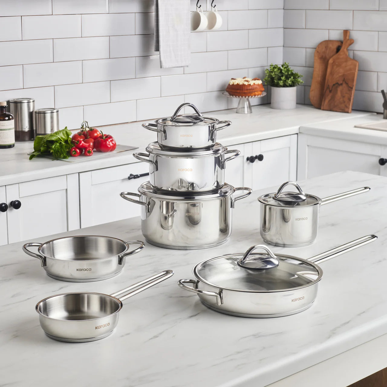 Batterie De Cuisine Karaca Ada V2 - Lot De 12 Pièces En Acier - Casseroles, Poêles Avec Couvercles