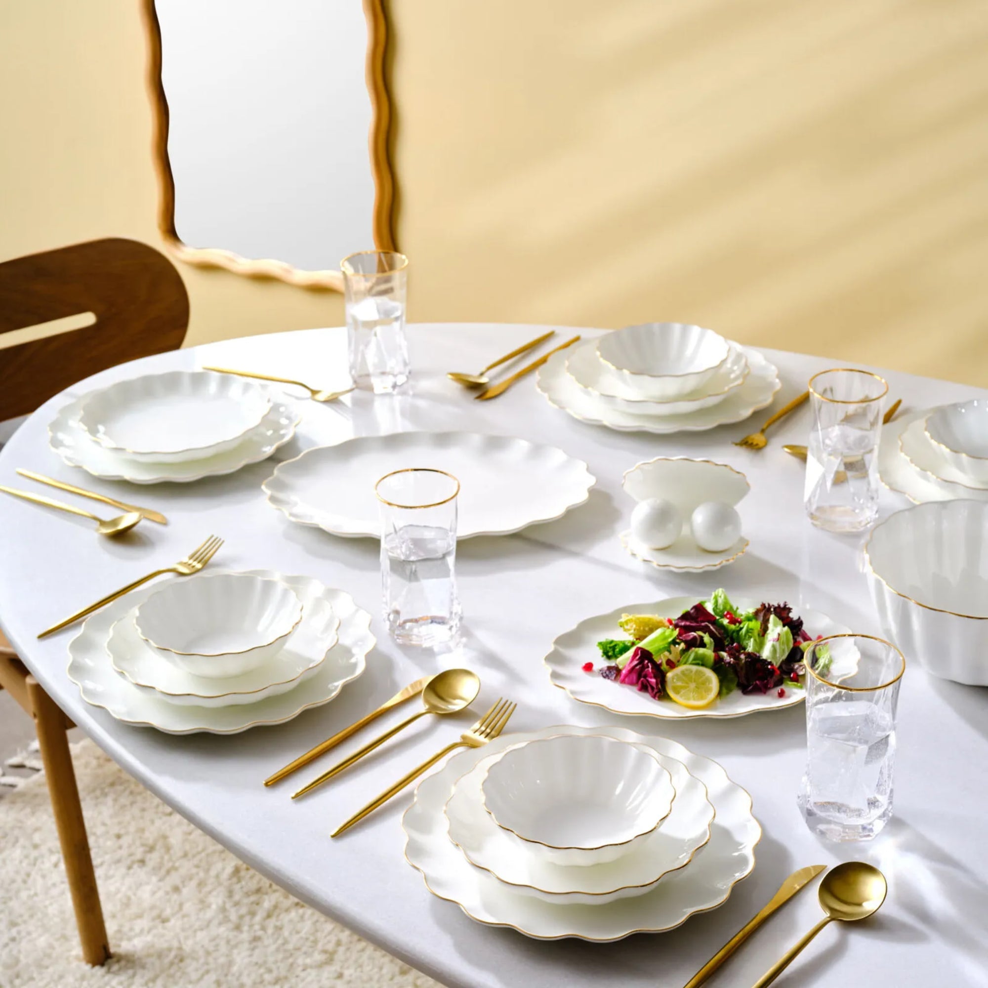 KARACA SERVICE DE TABLE FINE PEARL EXTRA SHELL GOLD | 55 PIECES | 12 PERSONNES