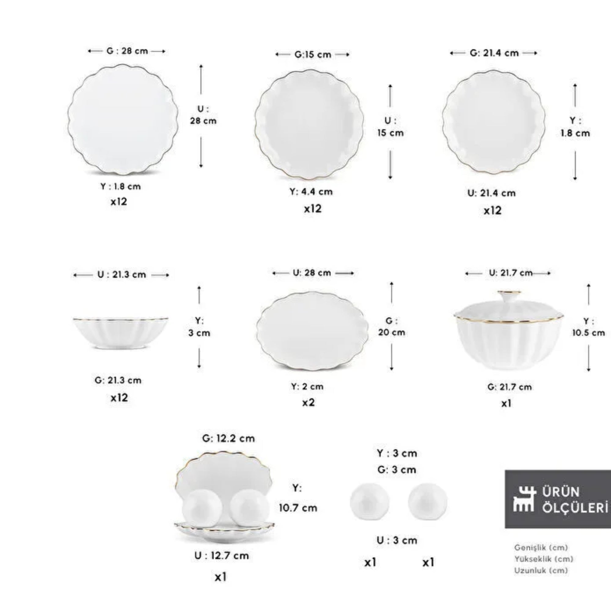 KARACA SERVICE DE TABLE FINE PEARL EXTRA SHELL GOLD | 55 PIECES | 12 PERSONNES