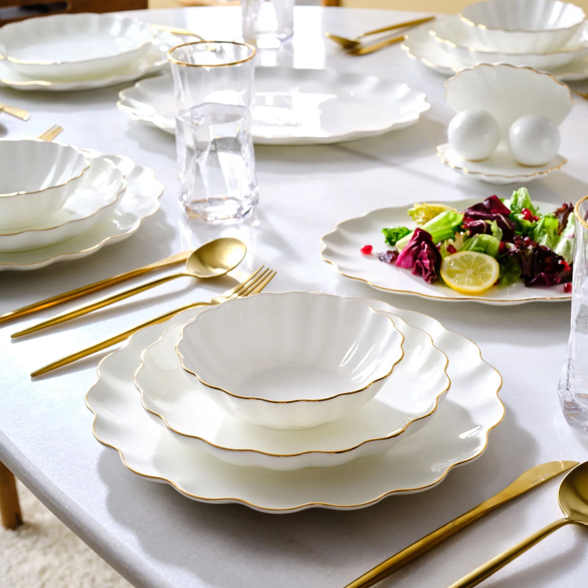 KARACA SERVICE DE TABLE FINE PEARL EXTRA SHELL GOLD | 55 PIECES | 12 PERSONNES